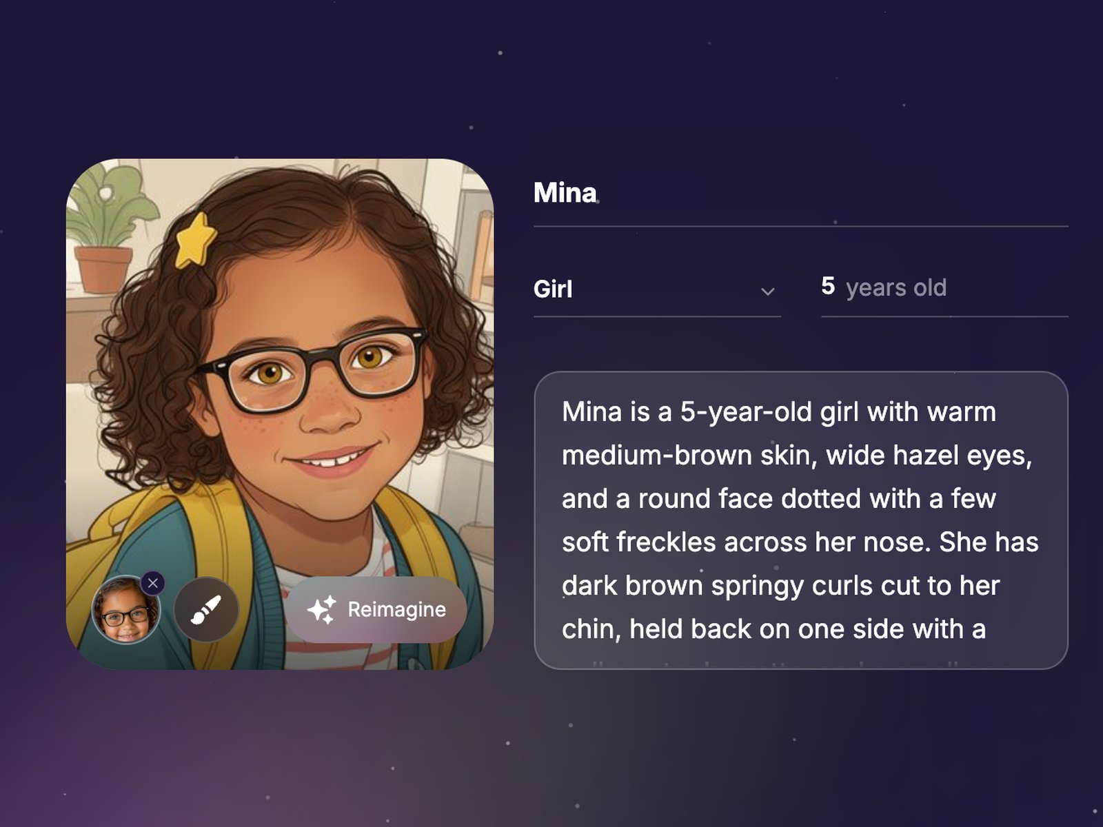 Mina's new storybook character card: the drawn portrait of a smiling five-year-old girl with curly hair, glasses and a yellow star clip, with the original photo of her in a small circle in the card's bottom-left corner, and beside it her name, Girl, 5 years old and a description of how she looks.