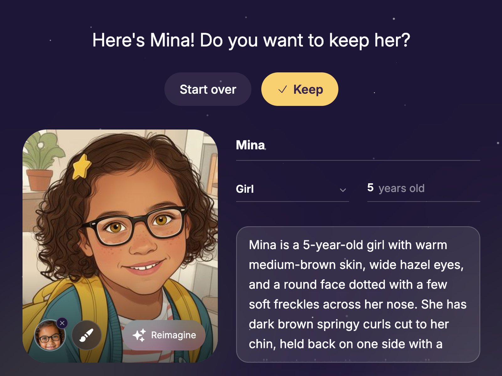 A new character, Mina, on her card with her name, Girl, 5 years old and a description beside it; above the card the line 'Here's Mina! Do you want to keep her?' and two buttons, Start over and a yellow Keep.