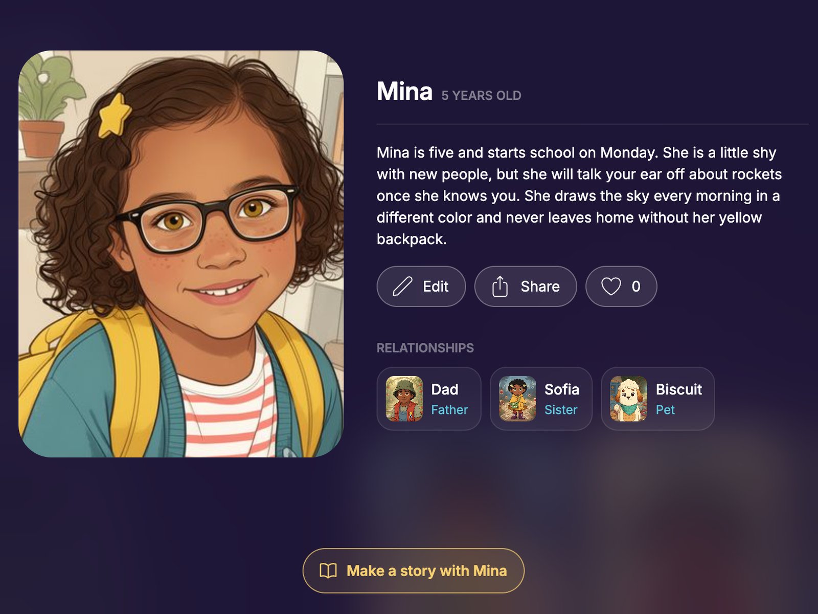Mina's character open from the library: her storybook portrait beside her name, 5 years old, a few sentences about what she is like, Edit, Share and favourite buttons, her family links (Dad, Sofia and Biscuit), and a Make a story with Mina button.