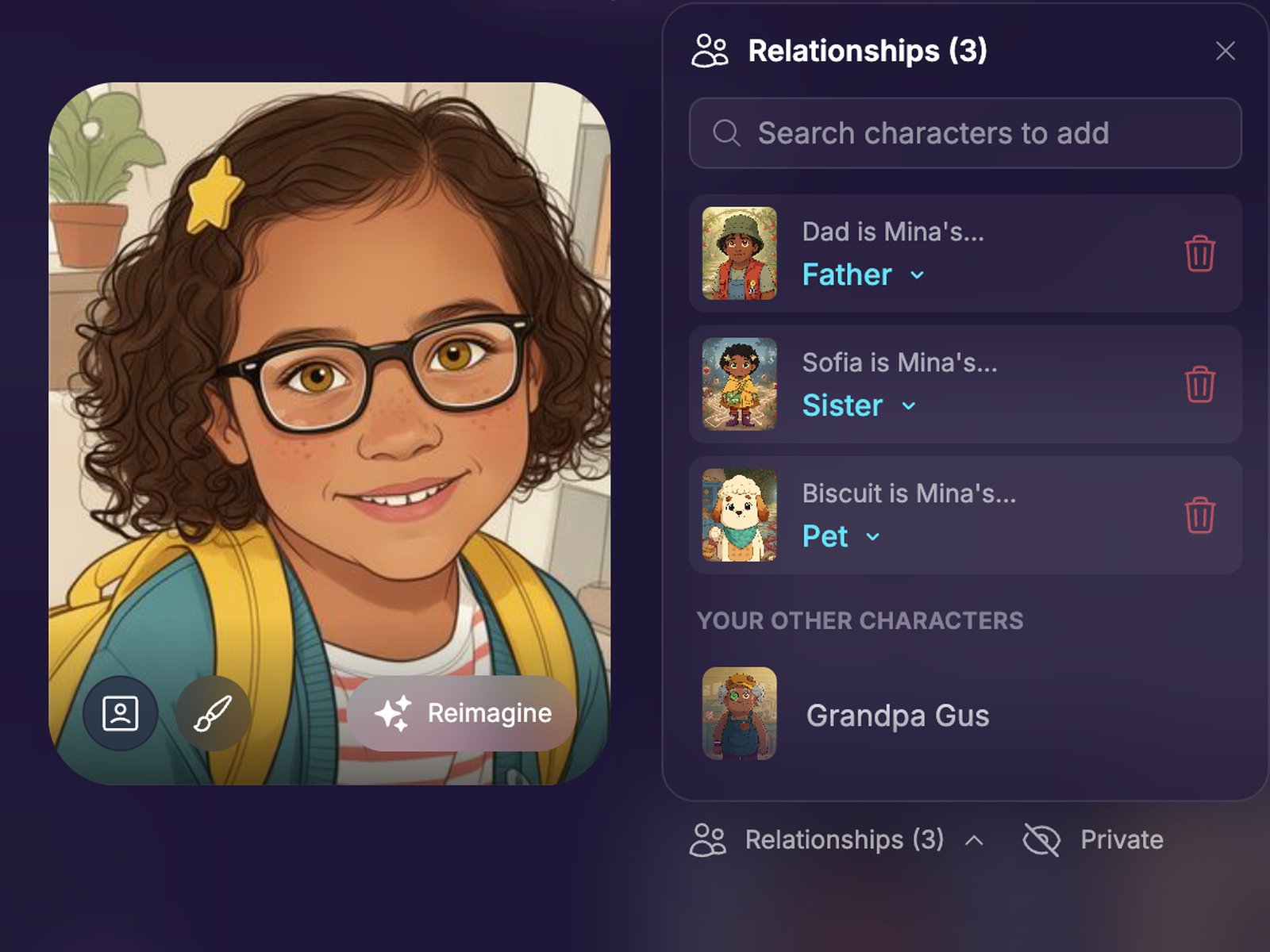 Mina's character in edit mode with the Relationships panel open, listing Dad as her Father, Sofia as her Sister and Biscuit as her Pet, each with a picture and a relationship you can change, plus a search box to add more characters.