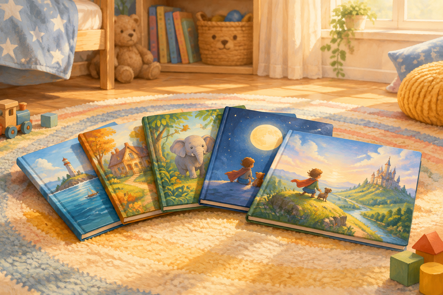 Several children's picture books fanned out on a rug