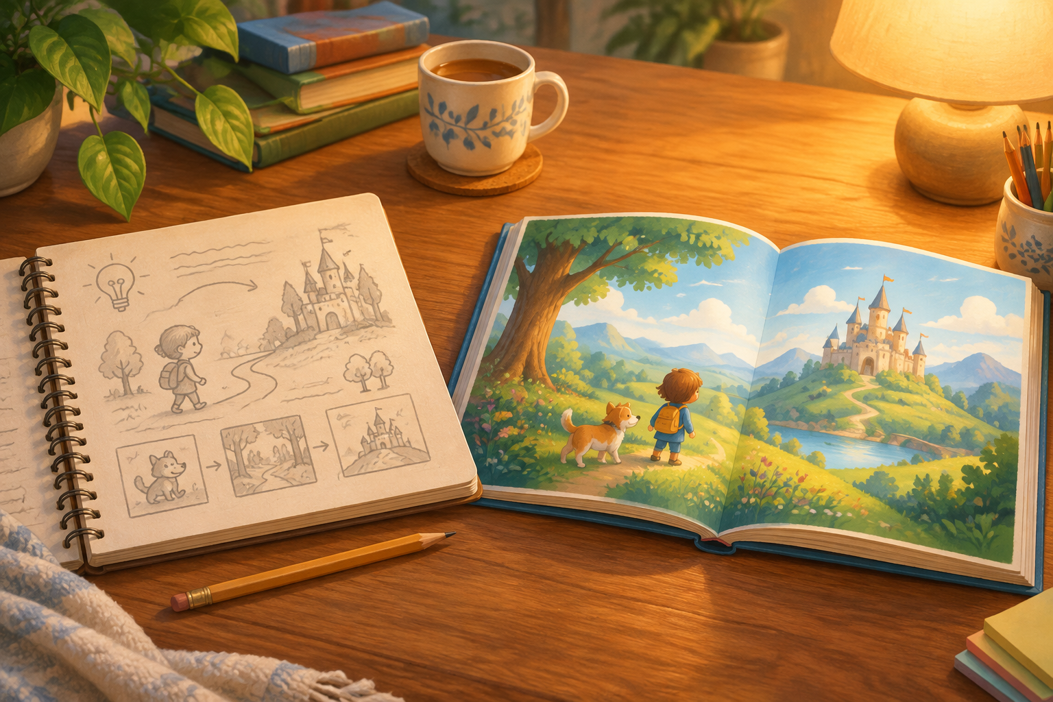 A notebook with a story sketch beside an open picture book