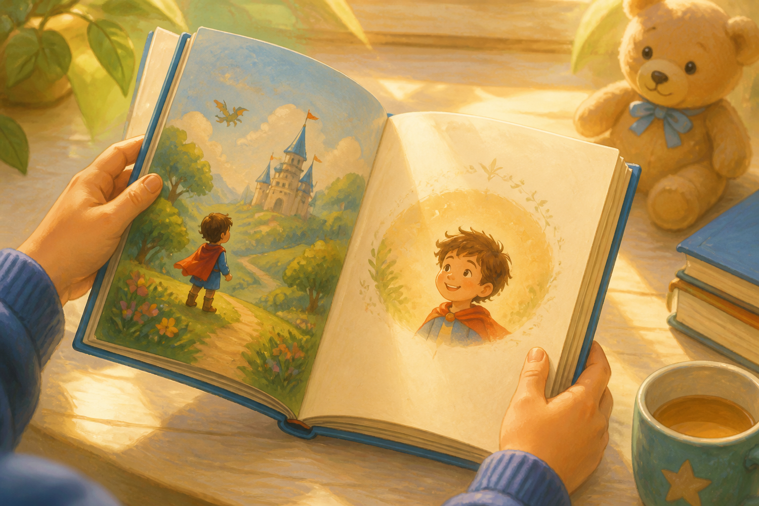 Child opening a personalized storybook to the first page